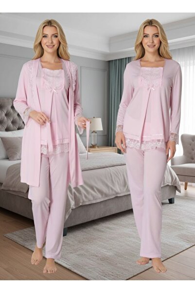 Lohusa Homewear Kadın Pembe Uzun Kollu Zarif Dantel Detaylı Tasarım Lohusa Ha...