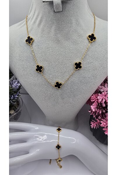 ahsenaksesuar2025 Siyah Yonca Van Cleef Çelik Set - Büyük Kolye Küçük Bilekli...