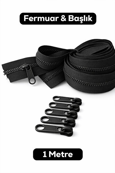 Atlas Döşeme 1 Metre Fermuar & Fermuar Başlığı, Siyah Rengi, Dayanıklı, Dikiş...