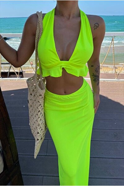 Zerenyus Women's Swimsuit Fabric Tie Crop and Maxi Skirt Double Set