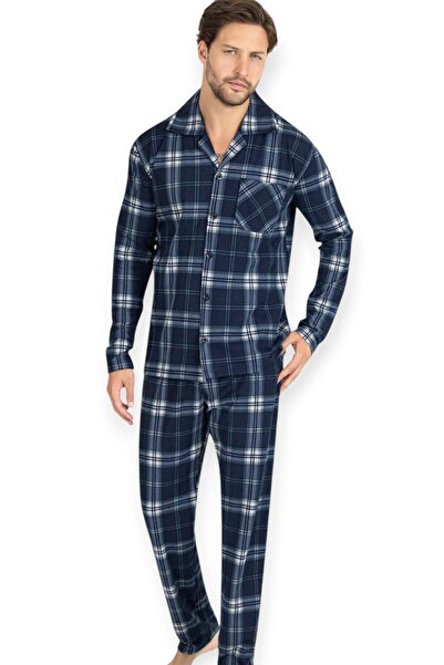 Erse Front Buttoned Long Sleeve Thermal Pajama Set Checkered
