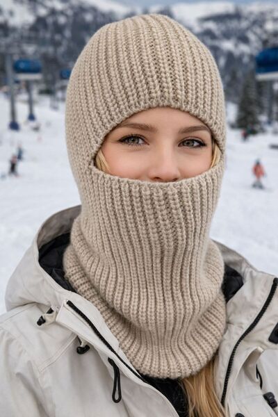 FELLMENS Beige Knitwear Knitted Balaclava Women's Beanie Snow Mask