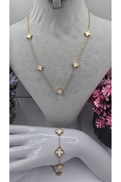 ahsenaksesuar2025 Beyaz Yonca Van Cleef Çelik Set -Büyük Bileklik Küçük Kolye...