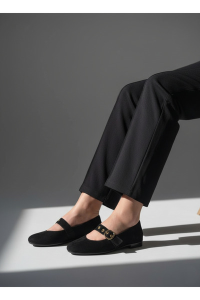 Favi Ayakkabı Black Suede Bareti Stylish Ballerinas with Bird's Eye Stud Deta...
