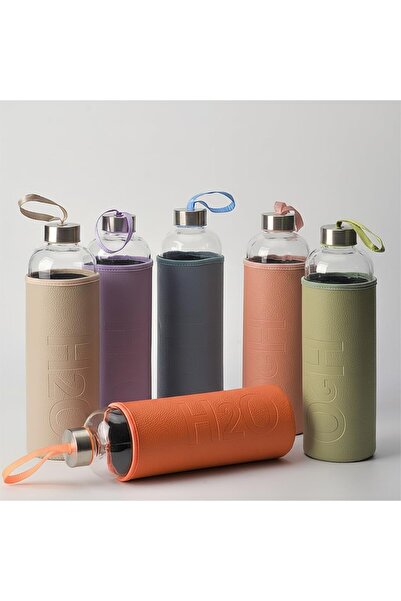 BRF TrendySell Deconox 1 Litre Deri Kılıflı Cam Matara – H2O Tasarımlı Büyük ...