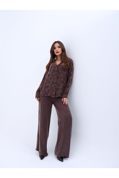 BOUQUET OF TULİP Kupra Silk Fabric Patterned Buttoned Shirt Wide Leg Pants Set