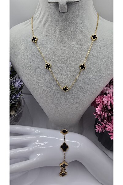 ahsenaksesuar2025 Siyah Yonca  Çelik Set -Büyük Bileklik Küçük Kolye Altın Re...
