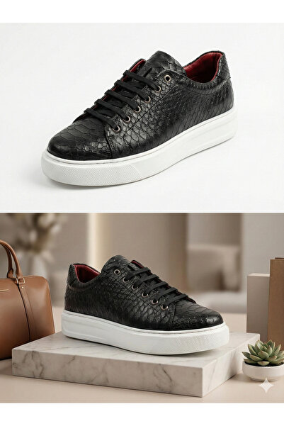 LİOLEATHER %100 Hakiki Deri Siyah Yılan Desenli Erkek Sneaker – Handcrafted