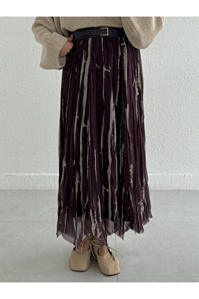 My Blog Plum Skirt with Ruffles, Crinkled Model, Belted Chiffon Skirt - 3369