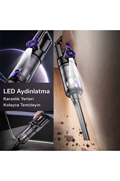 Merwish 22000 PA Kablosuz El Süpürgesi Çekme Üfleme LED Işıklı USB Şarjlı Mini Araç ve Ev Süpürgesi Mor .