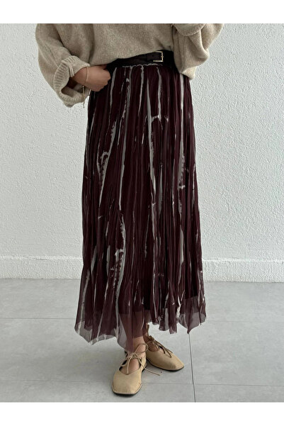 My Blog Brown Skirt with Frills, Crinkled Model, Belted Chiffon Skirt - 3369