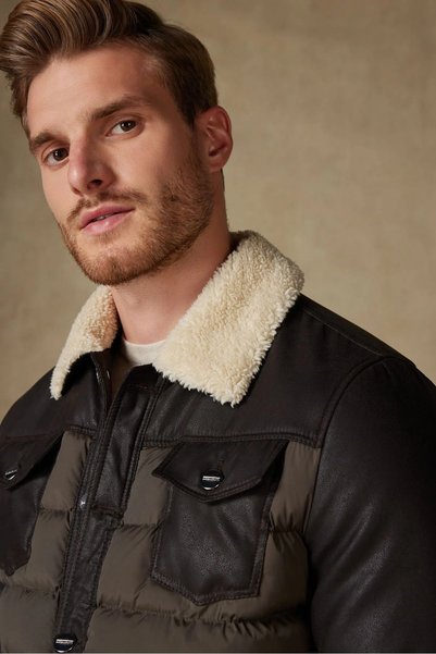 Andrea Nicolotti Men's Fur Collar Faux Leather Sleeves Puffer Winter Casual Coat