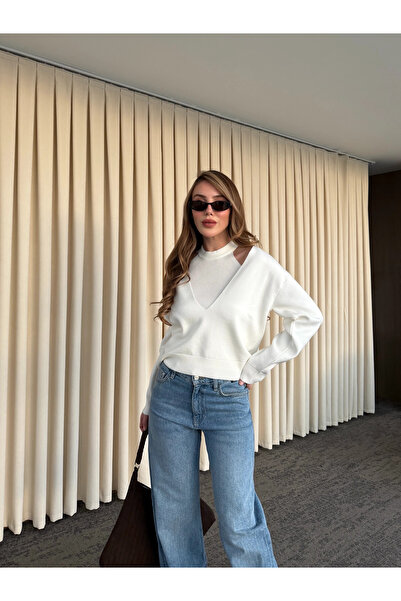 Laluvia Ecru Double V-Neck Sweater - 251206