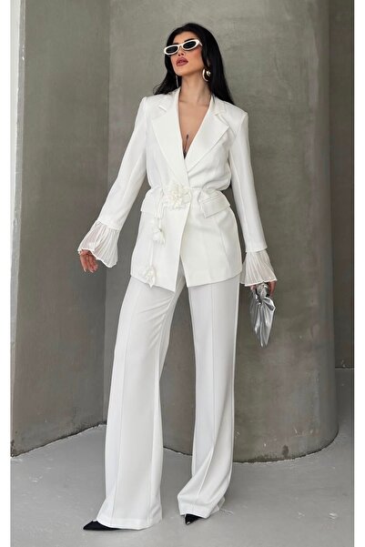 pembekurdelem Women's Rose Detailed Sleeves Design Jacket Trousers Set White