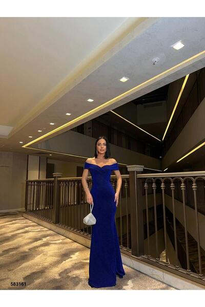 Modafeminen Saks Kayık Yaka λουλουδάτο υφασμάτινο βραδινό φόρεμα 583161