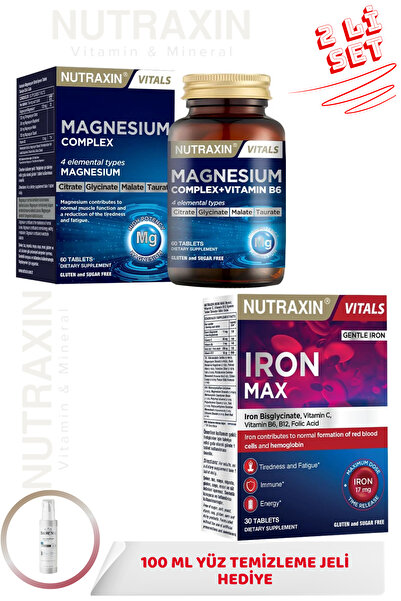 Nutraxin Magnezyum Complex+Vitamin B6 60 Tablet+Iron Max 30 Tablet+ 100 ML Je...