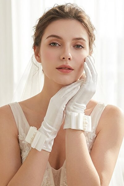 Hobigram Ivory Pearl Detailed Bowknot Ankle-Length Bridal Gloves |   Elegant ...