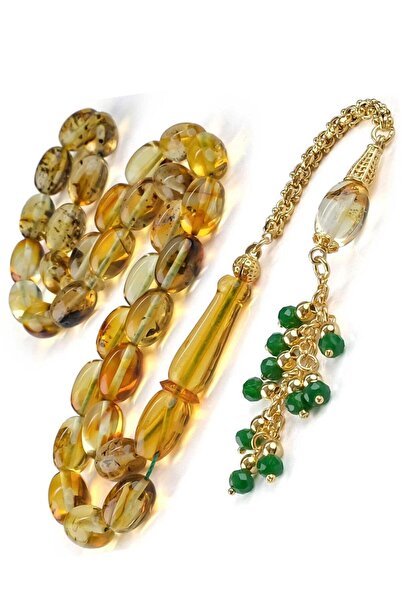 TESBİHCİBABA Old Class Gold Püskül Fosilli Damla Kehribar Tesbih