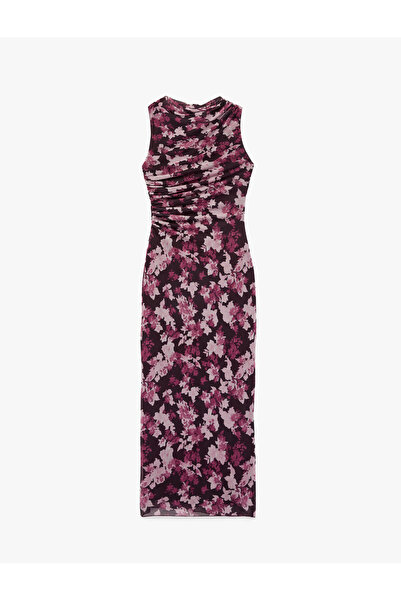 Koton فستان طويل بقصة ضيقة وياقة دائرية بدون أكمام ومزين بالزهور