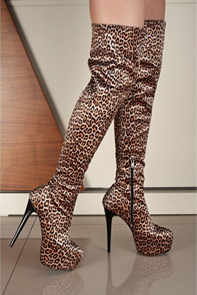 Tarz Topuklar حذاء ميرلين ليوبارد سويدي نسائي بكعب رفيع ومرتفع فوق الركبة