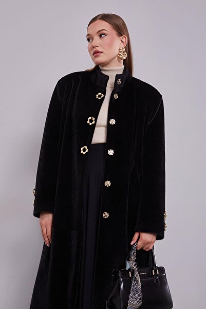 Levidor Siyah Gold Aksesuar Detaylı Kürk Kaban