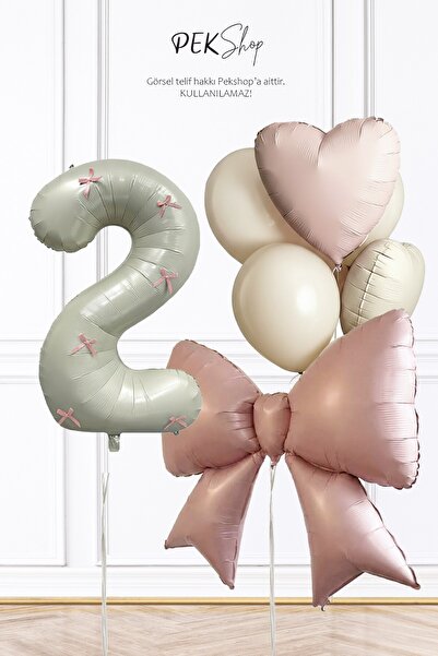 PEKSHOP 2 Yaş Pembe Fiyonk Kurdele Süslü Yaş Balonlu Fiyonk Tema Doğum Günü B...
