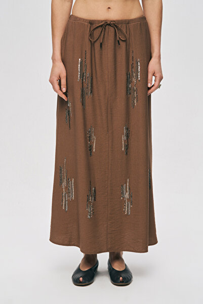 Orfeo Negro Women's Glow Sequin and Bead Embroidered Waist Tie Maxi Skirt