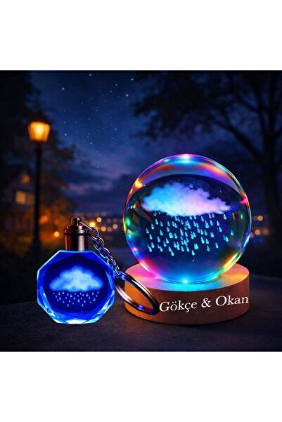 hediyesahibi İsme Özel Işıklı Ahşap Kaideli Yağmur Bulutu Temalı Cam Küre 8*6...
