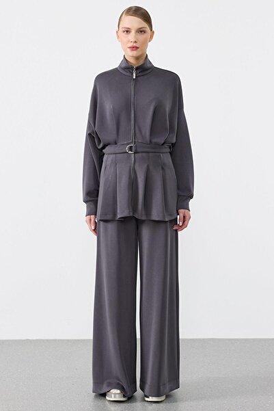 Tığ Triko Pile Detaylı Pantolonlu İkili Takım ANTRASİT