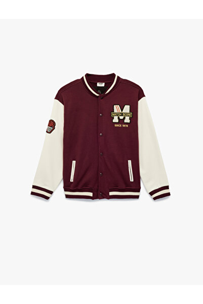 Koton Nakışlı Cepli Renk Bloklu Uzun Kollu Bisiklet Yaka Kolej Ceket