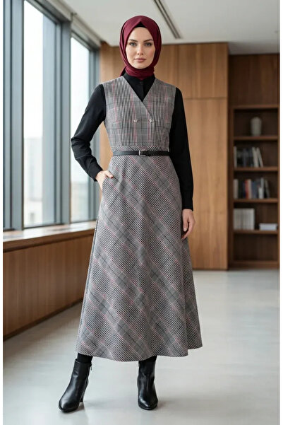 sefamerve Plaid Patterned Belted Gilet Dress 2223-01 Gray