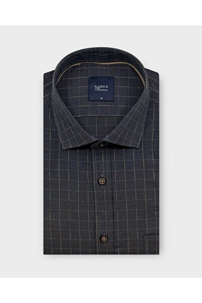 KAMER قميص بقصة عادية وأكمام طويلة وياقة كلاسيكية وجيب واحد ونقشة منقوشة بالل...