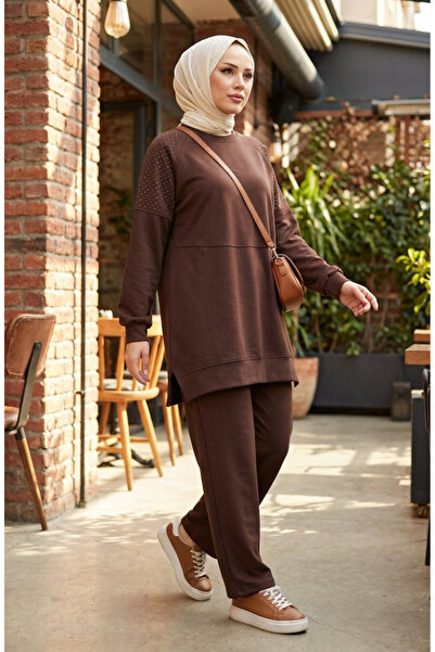 sefamerve Premium Fabric Double Set with Shoulder Stones 0240-02 Brown