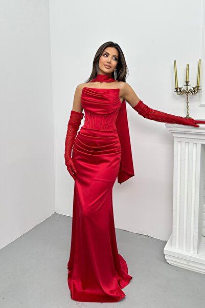 İyem Abiye İncili Şallı Ve Eldivenli Şık Saten Tasarım Abiye Elbise Dar Kalıp