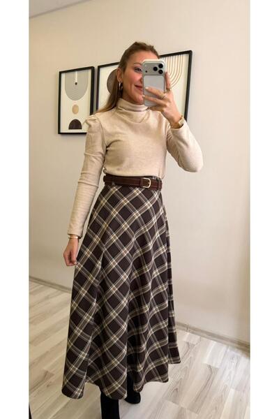 İNVİSUS Plaid Patterned Suede Belted Long Skirt