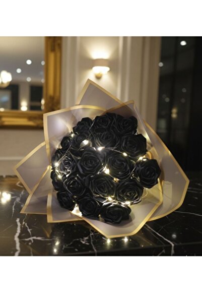 MEDUSAART Işıklı 19 lu siyah saten solmayan gül buketi çiçek buketi
