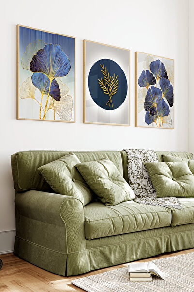 kutuTR Ahşap Çerçeveli 2D UV Baskı 3'lü Tablo set–Modern Altın Varaklı Ginkgo...