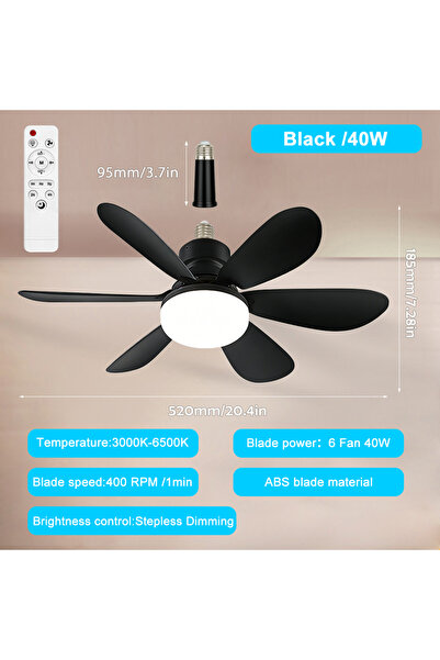 Choice مروحة سقف LED بقوة 40 واط، طولها 52 سم، قاعدة E27 سوداء، مزودة بإضاءة ...