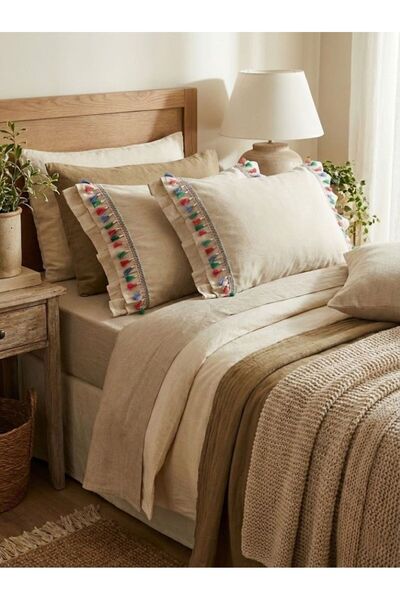 LILYUM %100 Pamuk Renkli Püsküllü Fırfır Detaylı Ham Keten Yastık Kılıfı Takı...