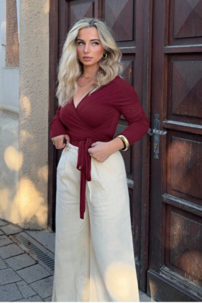 Tarz Cool Women's Burgundy Double Breasted Collar Long Sleeve Tie-Up Slim Fit...