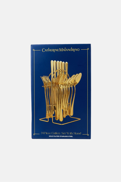 Catherine Malandrino 24 Pcs Stainless Steel Cutlery Set With Stand, Gold