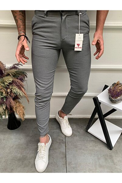 Ser Joven Men's Dark Gray Slim Fit Armür Patterned Stretch Fabric Trousers