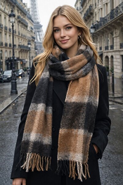 BALIENTE Coffee Soft Textured Plaid Thick Scarf Shawl 210X43 cm