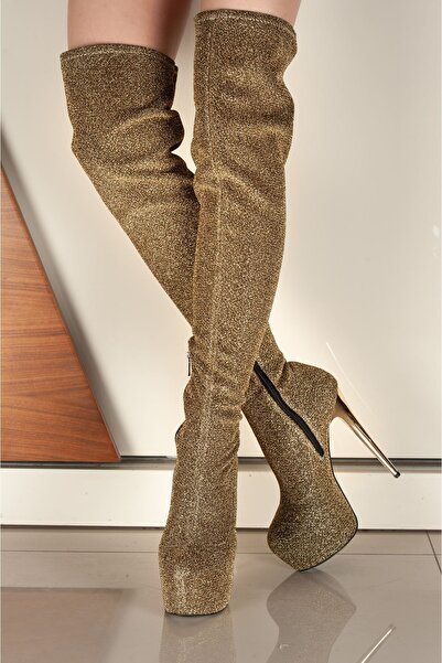 Tarz Topuklar Женски ботуши с тънък ток, високи до коляното, с пайети в жълто...