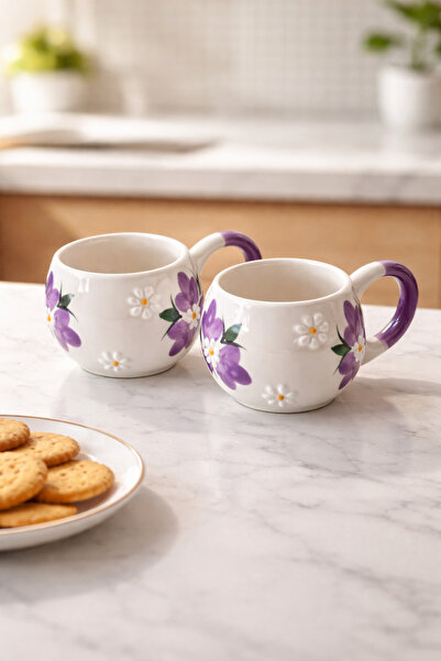 RGS HOMELİFE Set of 2 Handmade Ceramic Coffee and Tea Cups Purple Tulip Ece Mug