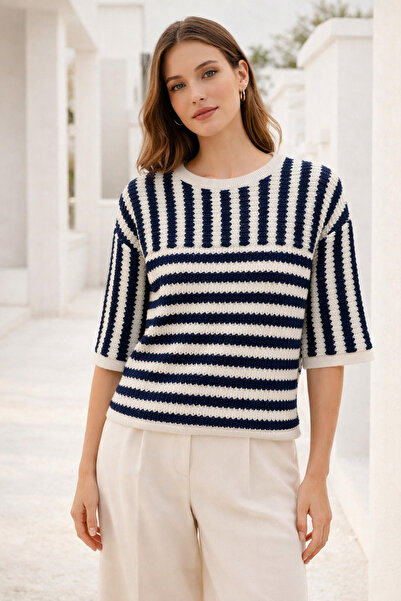 Rich Women's Ecru Striped Half Sleeve Basic Knitwear