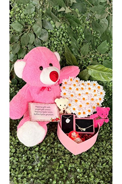 PİNK SHAKE 14 Şubat Özel Pembe Ayıcık ve Papatya Kalpli Kutu Kolye & Bileklik...