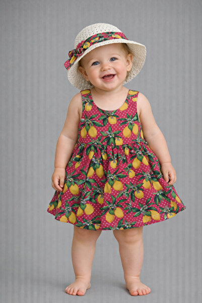 Chicsy Baby Tatlı Kız Bebek Limon Desenli Yazlık Elbise Şapkalı Kolsuz Pamukl...