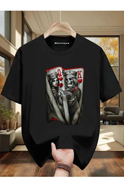 ALCİNOUS Unisex Oversize Printed Cotton Crew Neck Short Sleeve Black T-Shirt