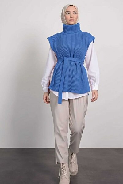 Tesettür Diyarı Turtleneck Belt Detailed Hijab Sweater